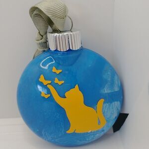 Handmade Cat Christmas  Ornament Decorations Blue Yellow Plastic Bulb